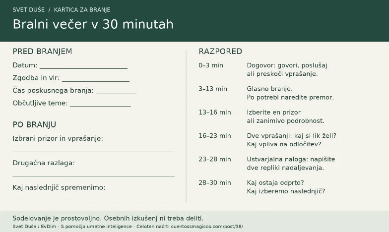 Kartica za 30-minutni bralni večer: priprava, razpored in zapis po branju. Besedilna različica je spodaj.